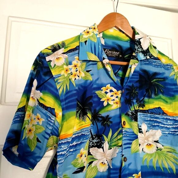 Favant Blue Hawaiian Shirt for Men Vibrant Floral Tropical Short Sleeve Medium - Picture 9 of 10